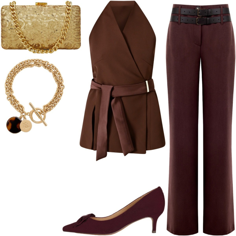 Outfit donna - Giacca e pantalone spettacolari. Stile Chic per Serata fuori. Abbinamento con pantaloni, gilet, braccialetti con ciondoli, décolleté, clutch, camicie.