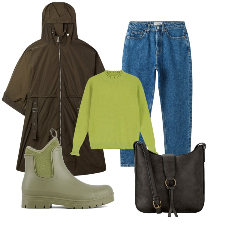 Outfit donna - Rainy day. Stile Casual per Tutti i giorni. Abbinamento con borse a tracolla, jeans mom, trench, maglieria, stivali.