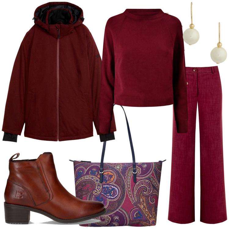 Outfit donna - Rosso bordeaux. Stile Urban per Tutti i giorni. Abbinamento con blazer, pantaloni, maglieria, borse tote, orecchini, stivaletti.