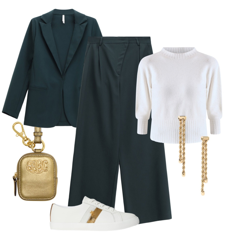 Outfit donna - Dettagli oro di giorno. Stile Casual chic per Tutti i giorni. Abbinamento con maglieria, blazer, pantaloni a palazzo, orecchini, sneakers, pochette.