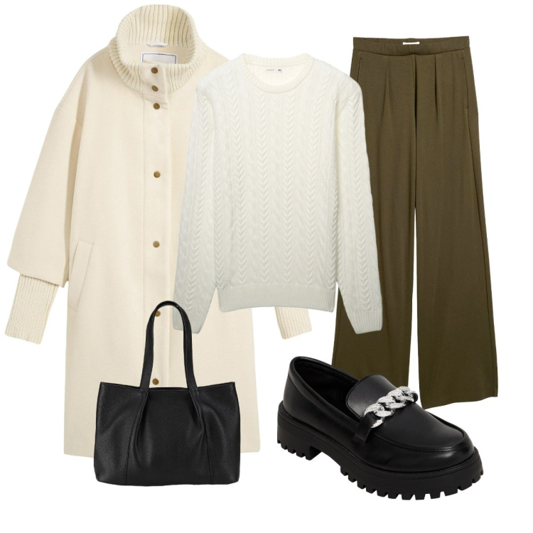 Outfit donna - Total look #2263260. Stile Minimal per Tutti i giorni. Abbinamento con cappotti, pantaloni a palazzo, shopping bag, mocassini, pullovers.