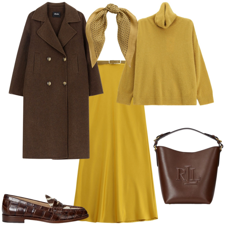 Outfit donna - Total look #2263262. Stile Minimal per Tutti i giorni. Abbinamento con cappotti, gonne lunghe, maglieria, borse a secchiello, mocassini, foulard.