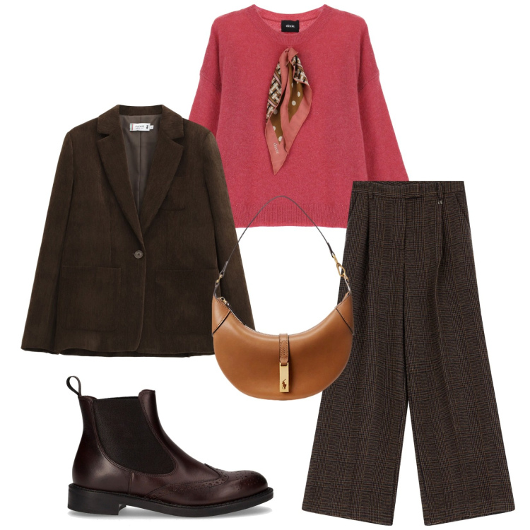 Outfit donna - Total look #2263264. Stile Casual chic per Ufficio. Abbinamento con blazer, maglieria, pantaloni a palazzo, borse a spalla, stivaletti chelsea.