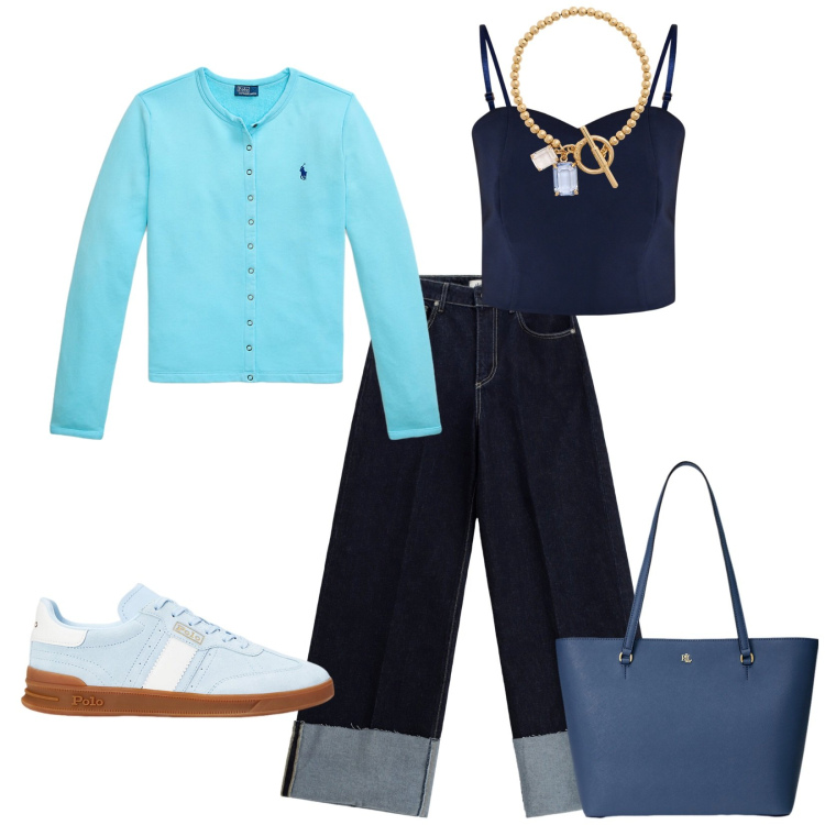 Outfit donna - Total look #2263266. Stile Casual chic per Tutti i giorni. Abbinamento con top, jeans, borse tote, sneakers, braccialetti, cardigans.