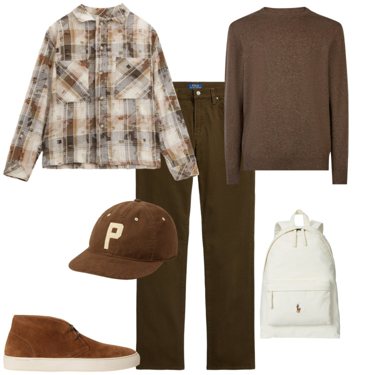 Outfit uomo - Total look #2263268. Stile Casual per Tutti i giorni. Abbinamento con camicie, borse sportive, sneakers, cappelli, pantaloni, maglieria.