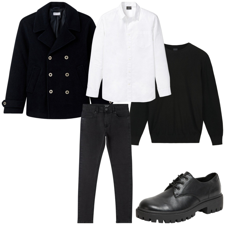 Outfit uomo - Total look #2263270. Stile Trendy per Serata speciale. Abbinamento con camicie, jeans skinny, scarpe stringate, cappotti, maglieria.