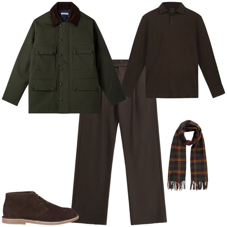Outfit uomo - Total look #2263272. Stile Trendy per Tutti i giorni. Abbinamento con eskimo, pantaloni, stivali e stivaletti, polo, sciarpe.