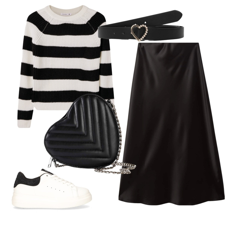 Outfit donna - Romantica e comfy. Stile Romantica per Tutti i giorni. Abbinamento con borse a tracolla, cinture, maglieria, gonne lunghe, sneakers.