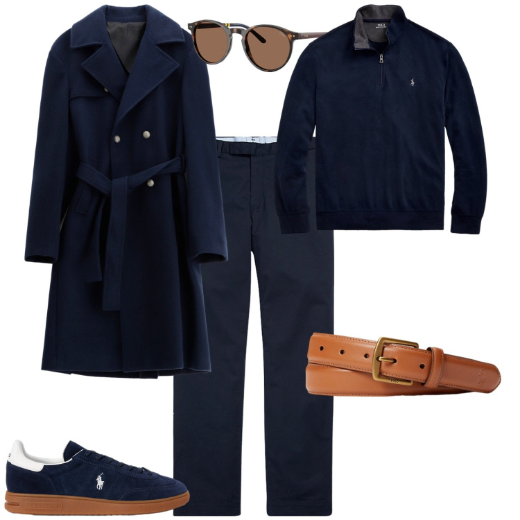 Outfit uomo - Total look #2263275. Stile Trendy per Tutti i giorni. Abbinamento con cappotti, cinture, pantaloni chino, pullovers, sneakers, occhiali da sole.