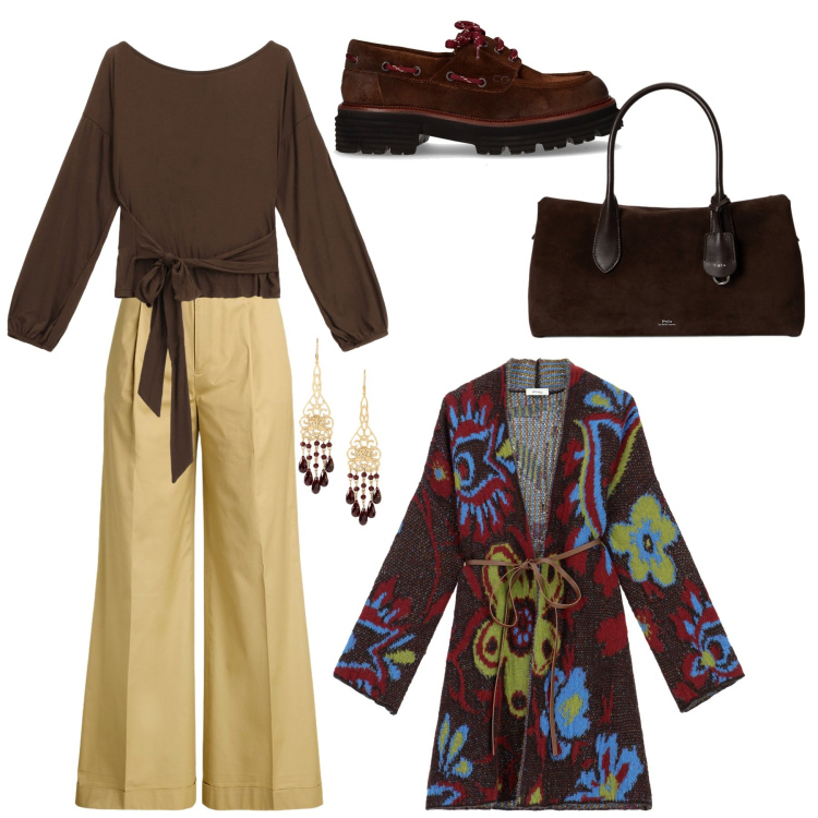 Outfit donna - Total look #2263276. Stile Casual chic per Scuola/Università. Abbinamento con top, cardigans, pantaloni, borse a mano, orecchini, mocassini.