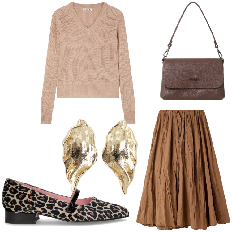 Outfit donna - Boho style. Stile Boho per Tutti i giorni. Abbinamento con gonne lunghe, maglieria, borse a tracolla, orecchini, ballerine.