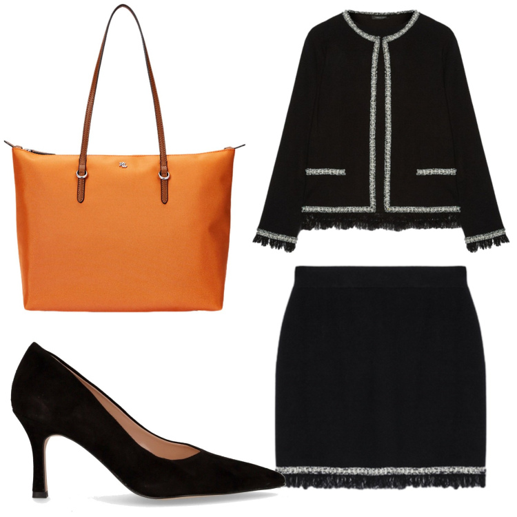 Outfit donna - Completo Fiorella Rubino. Stile Bon Ton per Ufficio. Abbinamento con borse tote, cardigans, minigonne, décolleté.