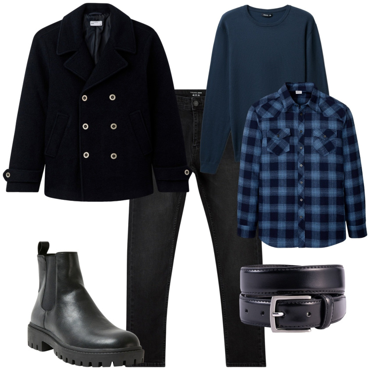 Outfit uomo - Total look #2263281. Stile Urban per Tutti i giorni. Abbinamento con camicie, stivali e stivaletti, jeans skinny, cappotti, maglieria, cinture.