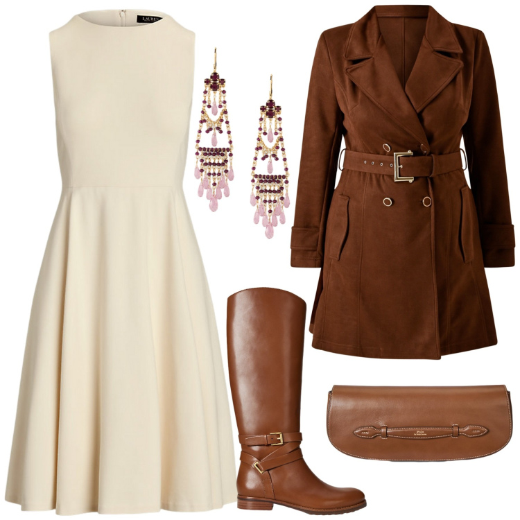 Outfit donna - Total brown. Stile Urban per Tutti i giorni. Abbinamento con trench, vestiti senza maniche, stivali, clutch, orecchini.