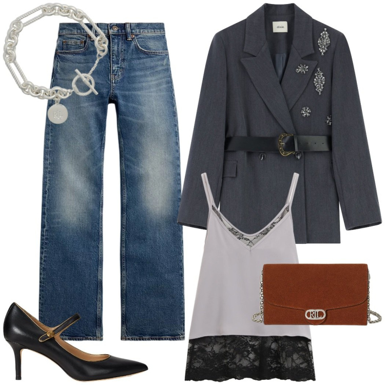 Outfit donna - I jeans passepartout. Stile Casual chic per Serata fuori. Abbinamento con blazer, top, jeans bootcut, décolleté, braccialetti, borse a tracolla.