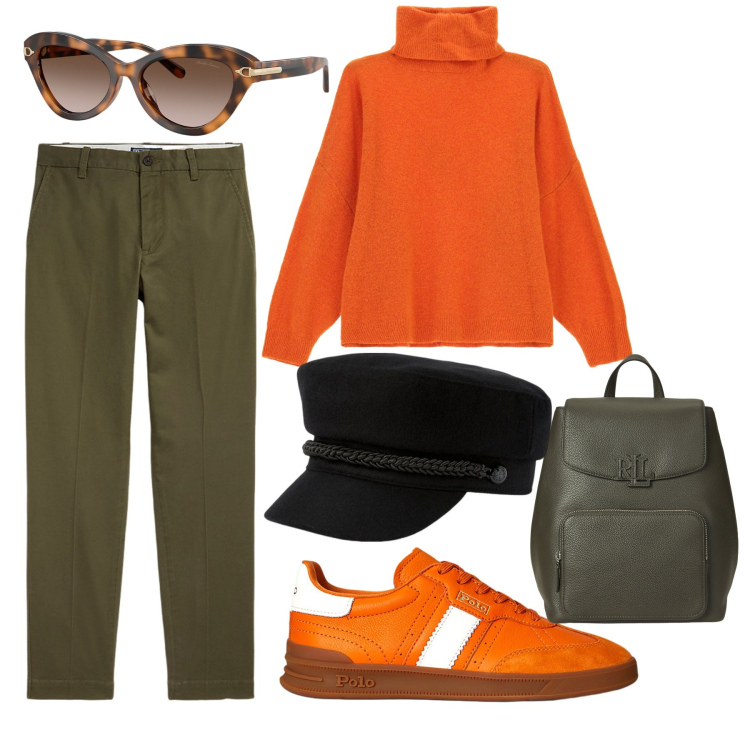 Outfit donna - Arancione. Stile Casual per Tutti i giorni. Abbinamento con maglieria, pantaloni chino, cappelli, sneakers, zaini, occhiali da sole.