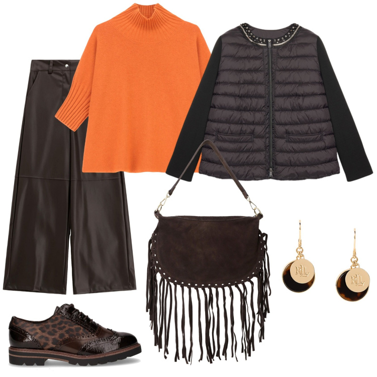 Outfit donna - Arancione che passione. Stile Casual chic per Tutti i giorni. Abbinamento con maglieria, borse a tracolla, pantaloni a palazzo, orecchini, scarpe stringate, piumini.