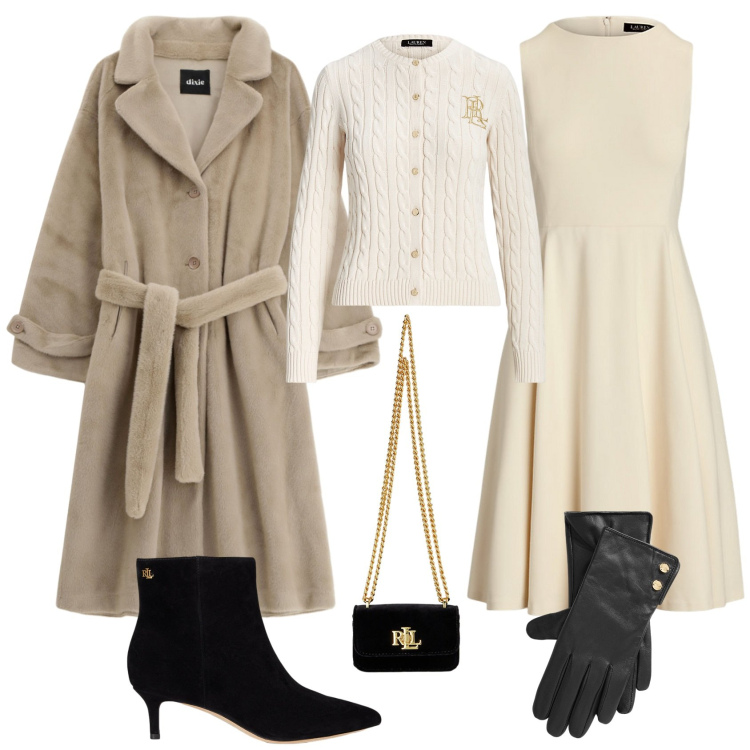 Outfit donna - Serata speciale evento cerimonia. Stile Bon Ton per Serata fuori. Abbinamento con cappotti, vestiti senza maniche, stivaletti, pochette, guanti, cardigans.