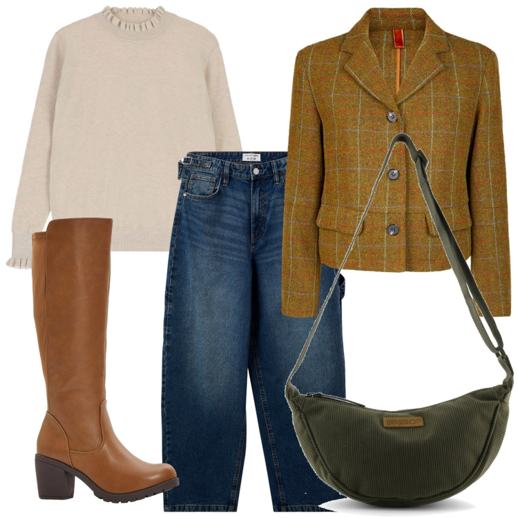 Outfit donna - Autunno. Stile Vintage retrò per Tutti i giorni. Abbinamento con stivali, jeans, maglieria, blazer, borse a tracolla.