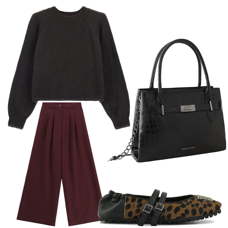 Outfit donna - Aperitivo. Stile Trendy per Tutti i giorni. Abbinamento con borse a mano, pantaloni, maglieria, ballerine.
