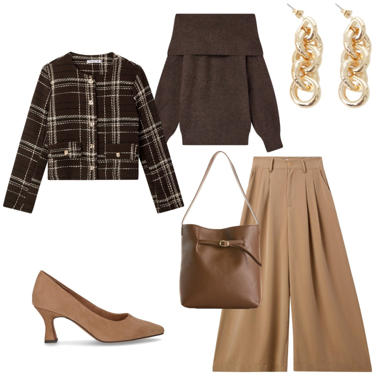 Outfit donna - Total look #2263302. Stile Casual chic per Serata fuori. Abbinamento con borse a mano, pantaloni, maglieria, blazer, orecchini, décolleté.