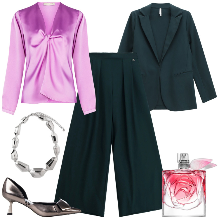 Outfit donna - Total look #2263303. Stile Mannish per Cerimonia. Abbinamento con profumi, décolleté, bluse, blazer, pantaloni a palazzo, ciondoli.