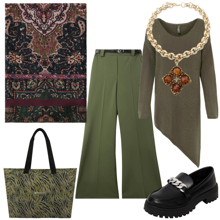 Outfit donna - Total look #2263304. Stile Casual per Tutti i giorni. Abbinamento con maglieria, mocassini, pantaloni, shopping bag, collane, foulard.