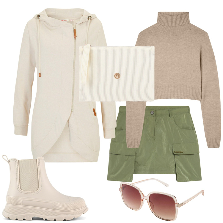 Outfit donna - Tra amici. Stile Casual per Tutti i giorni. Abbinamento con blazer, occhiali da sole, maglieria, minigonne, valigie, stivali.