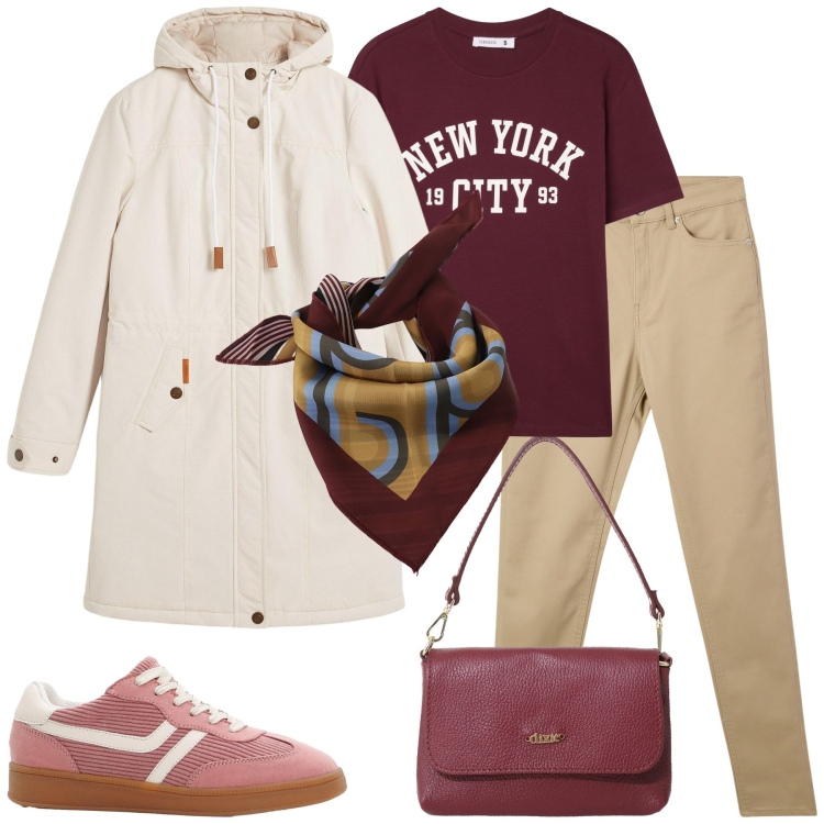 Outfit donna - In biblioteca. Stile Sporty chic per Scuola/Università. Abbinamento con blazer, sneakers, pantaloni skinny, t-shirt, borse a tracolla, foulard.