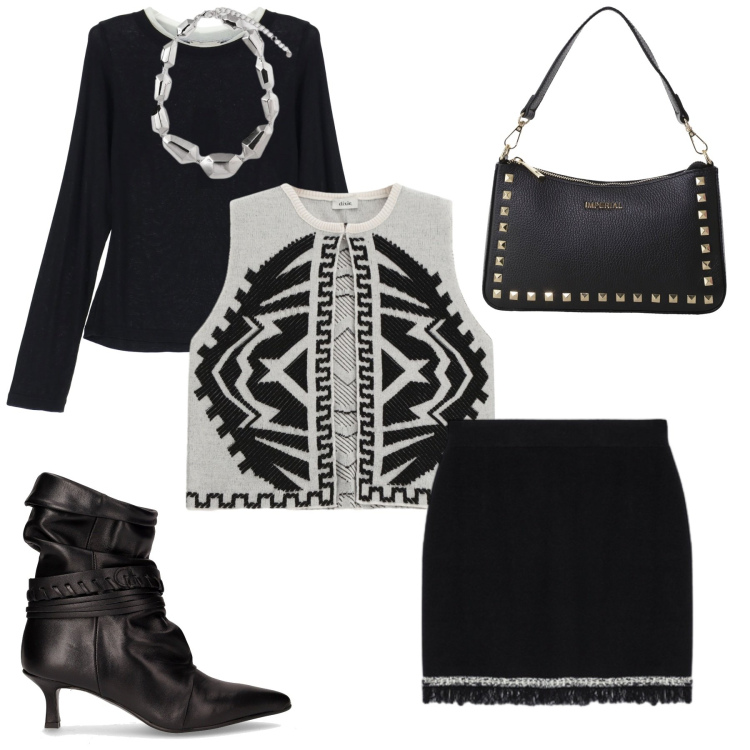 Outfit donna - Serata tra amici. Stile Glamour per Serata fuori. Abbinamento con gilet, t-shirt, pochette, stivaletti, ciondoli, minigonne.