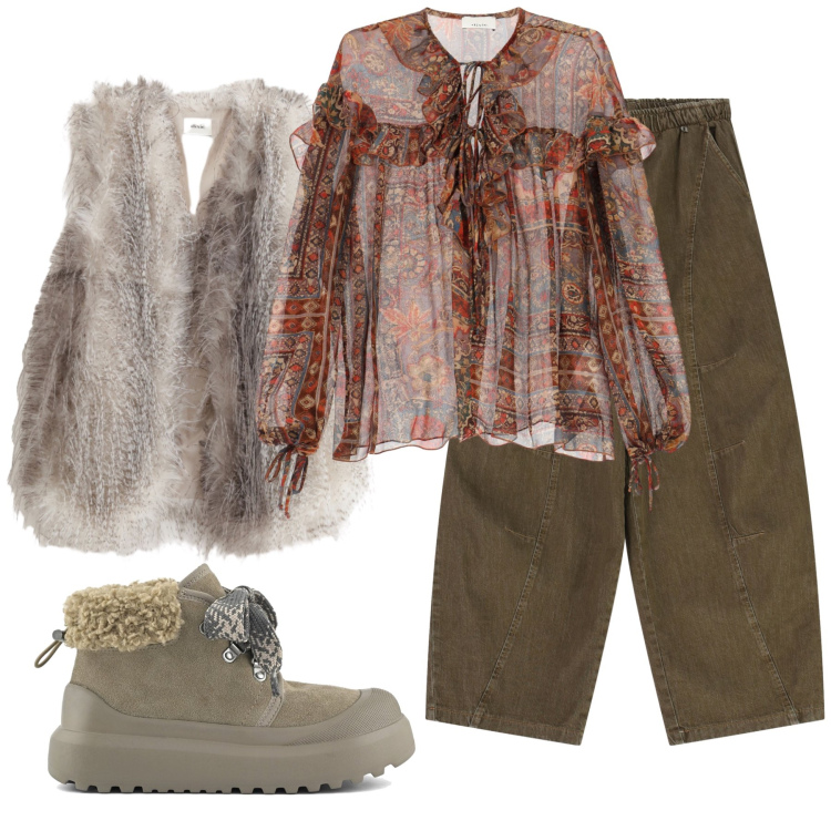 Outfit donna - Total look #2263329. Stile Casual per Tutti i giorni. Abbinamento con camicie, gilet, pantaloni a palazzo, stivali.