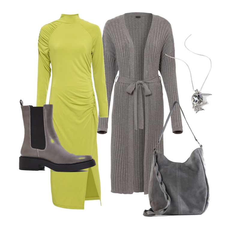 Outfit femme - Octobre. Style Tendance pour Tous les jours. Assortir avec robes mi-longues/au genou, manteaux, colliers, sacs à main, boots.