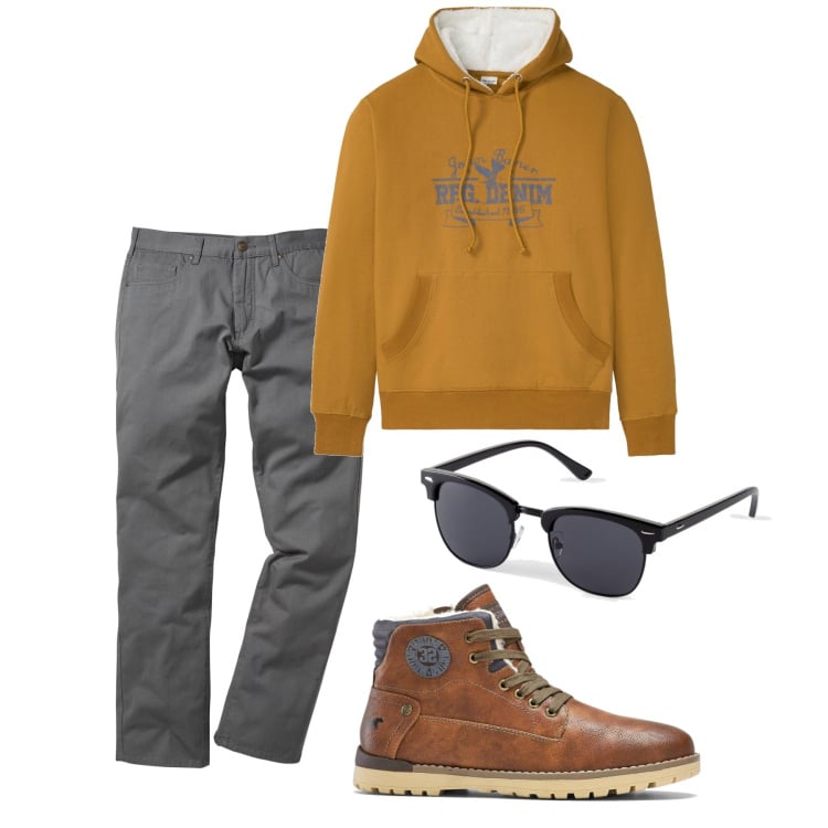 Outfit homme - Octobre. Style Casual pour Tous les jours. Assortir avec pantalon , sweats à capuche, lunettes de soleil, bottes.