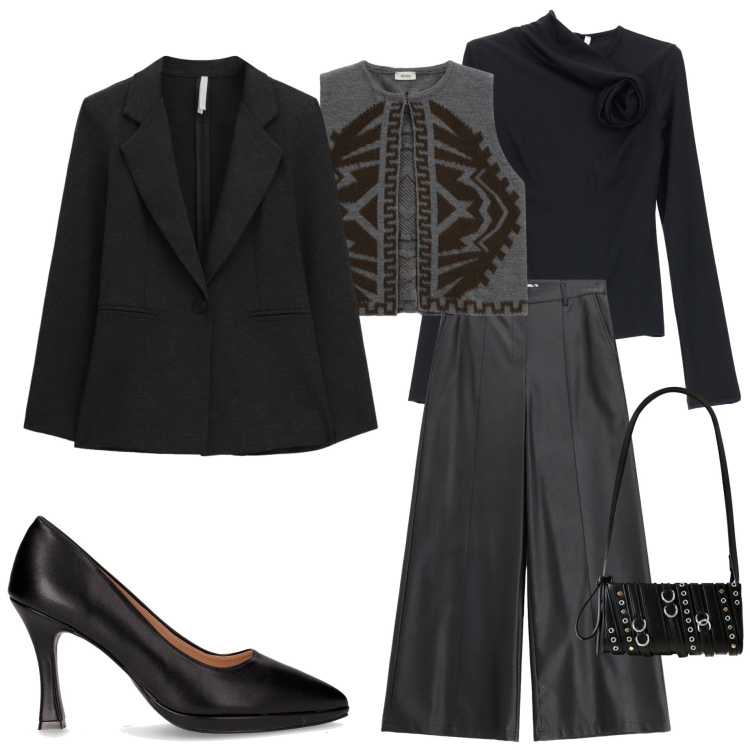 Outfit donna - Serata con amici. Stile Casual chic per Serata fuori. Abbinamento con borse a spalla, pantaloni, t-shirt, blazer, gilet, décolleté.