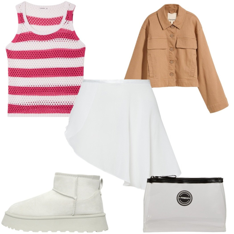 Outfit donna - Total look #2263437. Stile Trendy per Tutti i giorni. Abbinamento con blazer, top, stivaletti, minigonne, valigie.