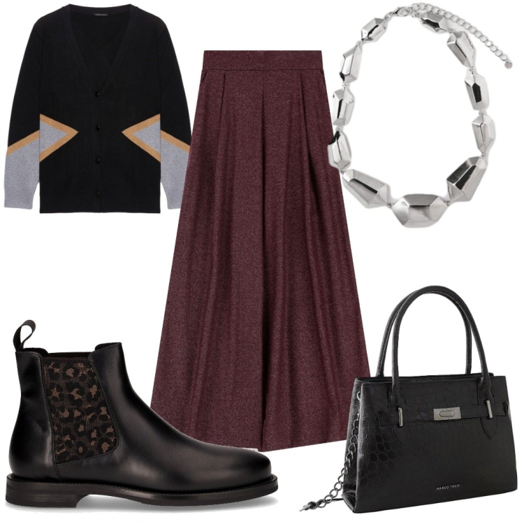 Outfit donna - Total look #2263442. Stile Trendy per Tutti i giorni. Abbinamento con borse a mano, pantaloni a palazzo, stivaletti chelsea, cardigans, ciondoli.