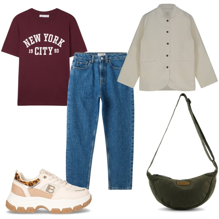 Outfit donna - Total look #2263443. Stile Basic per Tutti i giorni. Abbinamento con jeans mom, t-shirt, sneakers, giacche, borse a tracolla.