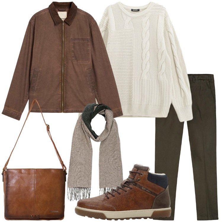 Outfit uomo - Minimal urbano. Stile Urban per Tutti i giorni. Abbinamento con giacche, sneakers alte, maglieria, borse sportive, pantaloni, sciarpe.