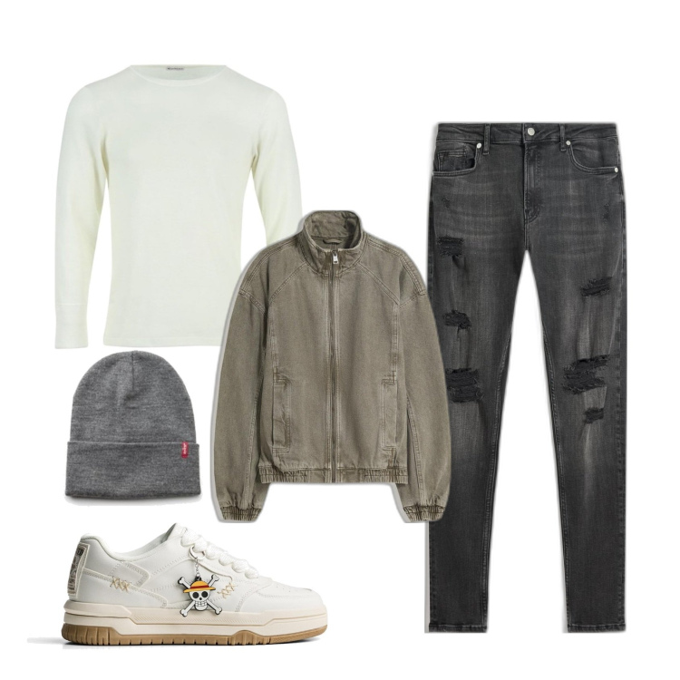 Outfit hombre - Hoy hace frío. Estilo Urban para Todos los días. Combinación con camiseta, gorros, chaquetas, vaqueros rotos, sneakers.