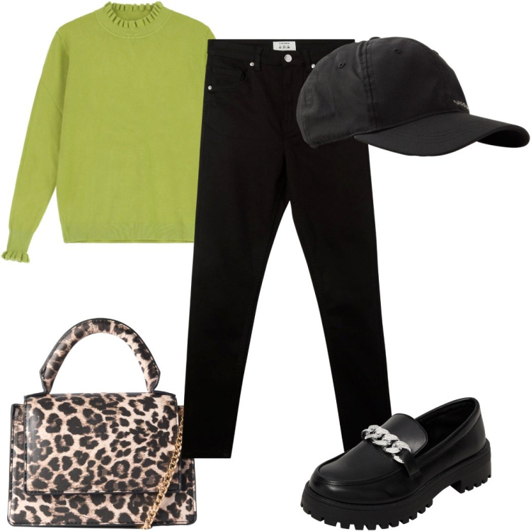 Outfit donna - Total look #2263453. Stile Trendy per Tutti i giorni. Abbinamento con cappelli con visiera, mocassini, pantaloni skinny, borse a tracolla, maglieria.
