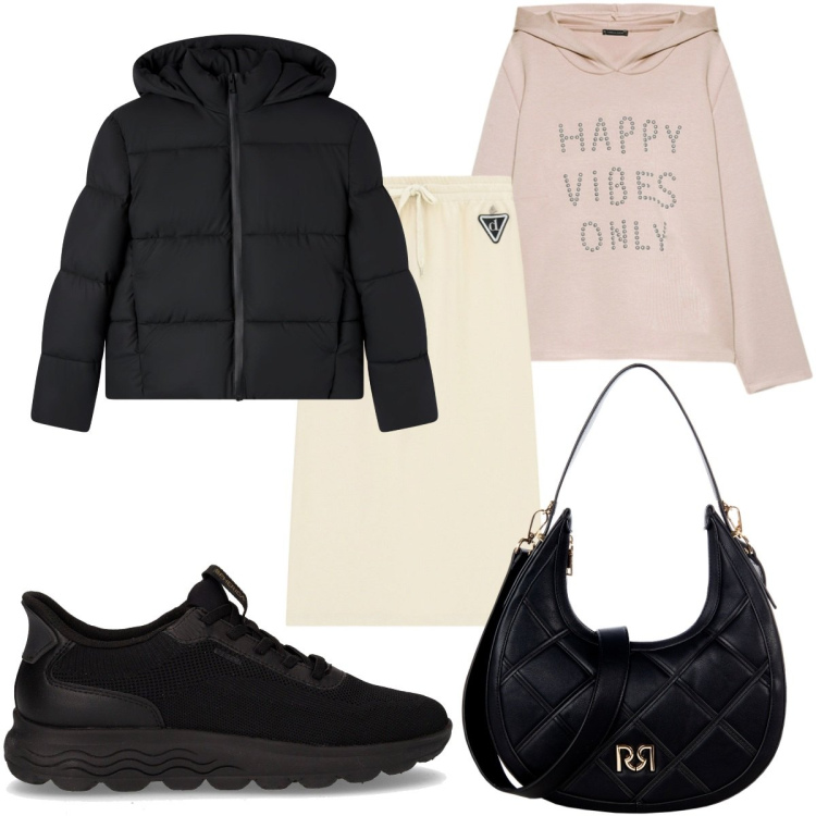 Outfit donna - Total look #2263458. Stile Basic per Tutti i giorni. Abbinamento con bomber, borse a tracolla, gonne longuette, felpe con cappuccio, sneakers.