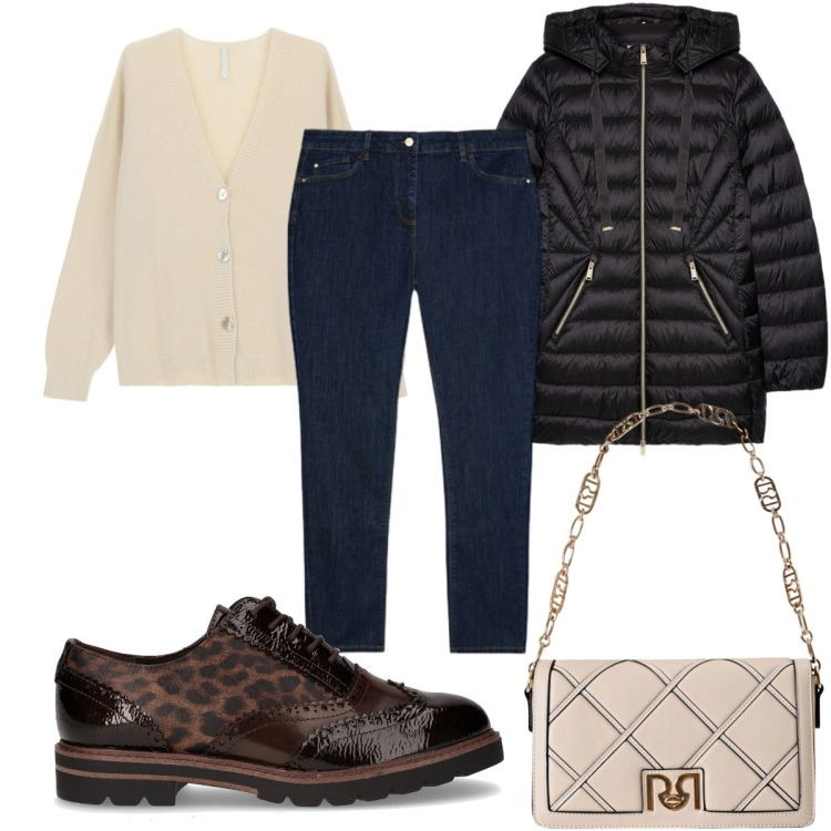 Outfit donna - Total look #2263462. Stile Trendy per Tutti i giorni. Abbinamento con borse a tracolla, cardigans, piumini, scarpe stringate, jeans skinny.