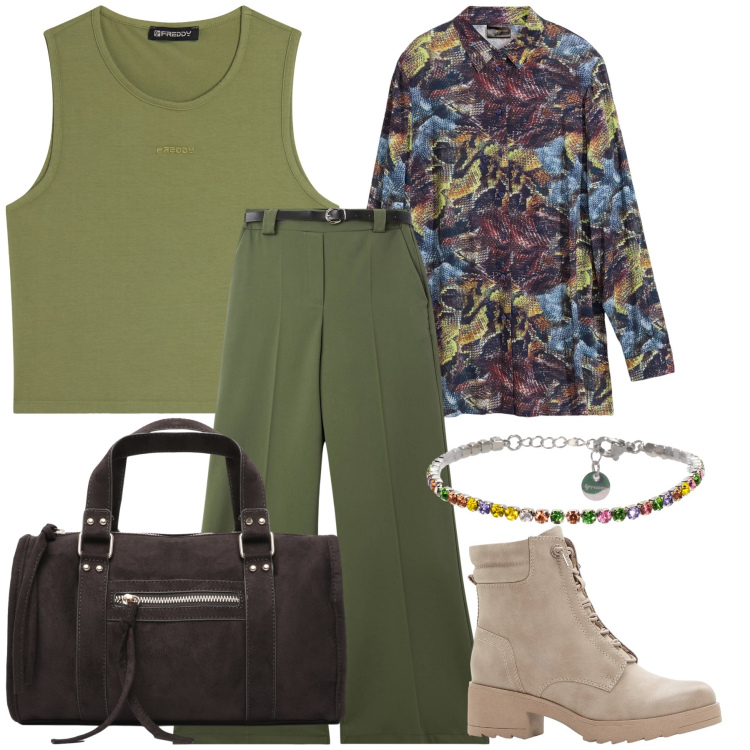 Outfit donna - Un gilet per la mattinata. Stile Trendy per Tutti i giorni. Abbinamento con camicie, stivaletti, pantaloni, borse a mano, top, braccialetti.