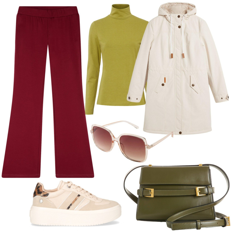 Outfit donna - Autunno a colori. Stile Basic per Tutti i giorni. Abbinamento con maglieria, blazer, occhiali da sole, borse a tracolla, leggings, sneakers.