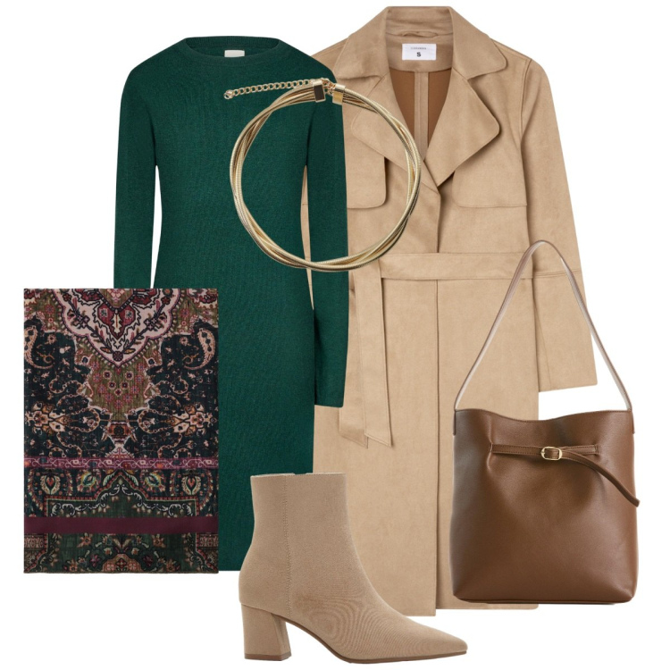 Outfit donna - Total look #2263497. Stile Basic per Ufficio. Abbinamento con stivaletti, borse a mano, trench, collane, foulard, vestiti midi/longuette.