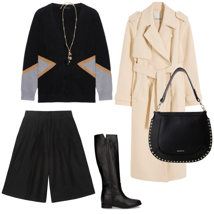 Outfit donna - Lunedì. per Tutti i giorni. Abbinamento con trench, borse a spalla, stivali, cardigans, bermuda, ciondoli.