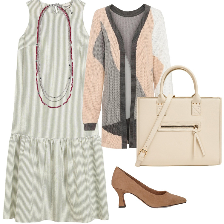 Outfit donna - Outfit originale. per Ufficio. Abbinamento con cardigans, vestiti midi/longuette, shopping bag, décolleté, collane.