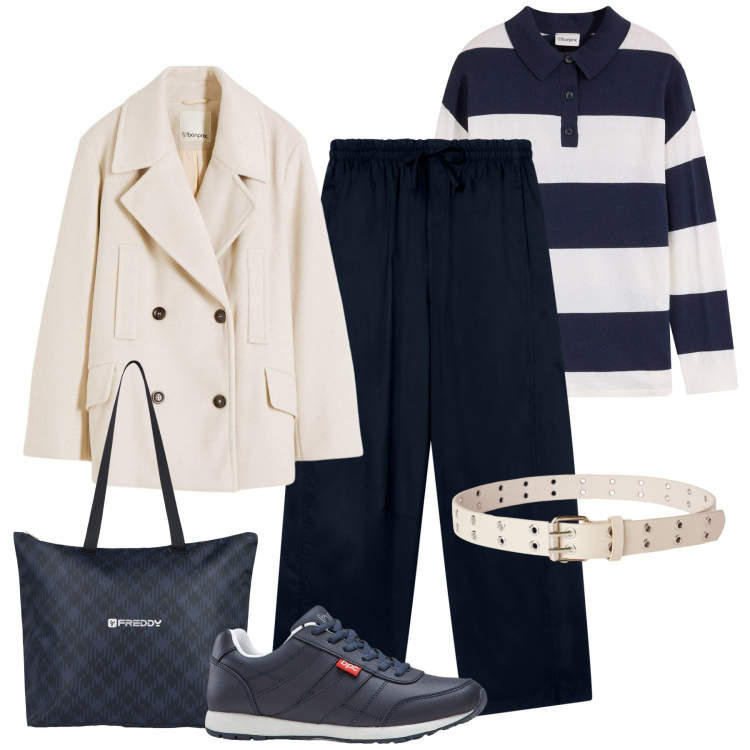 Outfit donna - Panna e blu easy fit. Stile Urban per Tutti i giorni. Abbinamento con caban, sneakers, maglieria, cinture, pantaloni, shopping bag.