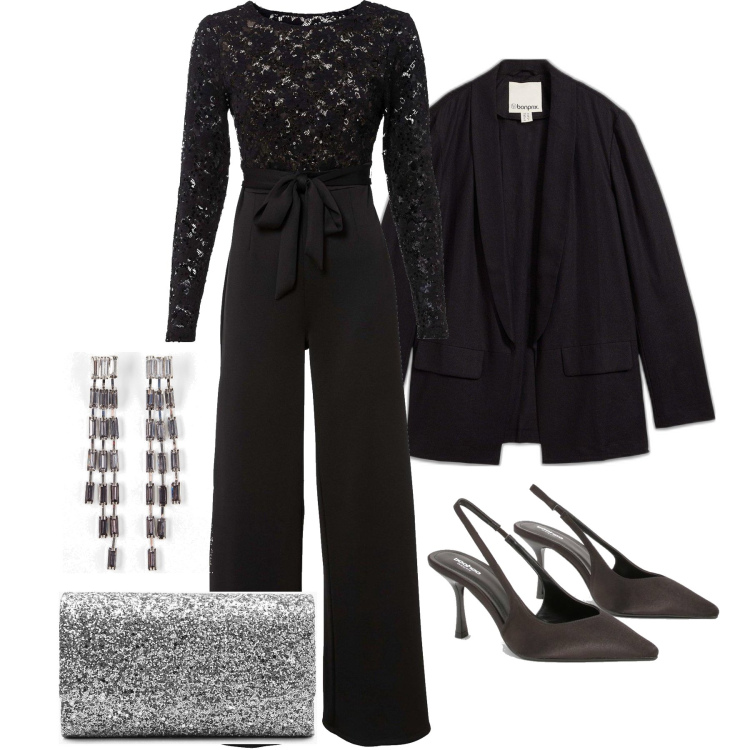 Outfit femme - Octobre. Style Glamour pour Soirée dehors. Assortir avec combinaisons, blazers, boucles d'oreilles, pochette, chaussures à talon.