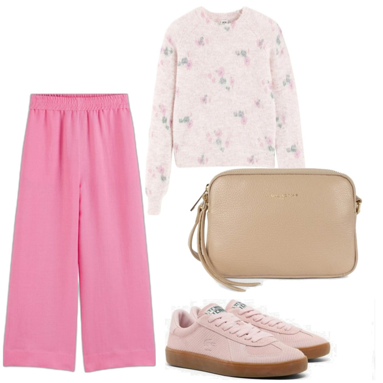 Outfit mujer - Romantica. Estilo Romántica para Todos los días. Combinación con bandoleras, prendas de punto, pantalones palazzo, sneakers.